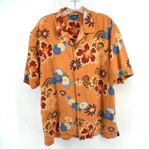 Tommy Bahama Silk Hawaiian Aloha Shirt Mens Large Orange Floral Short Sleeve
